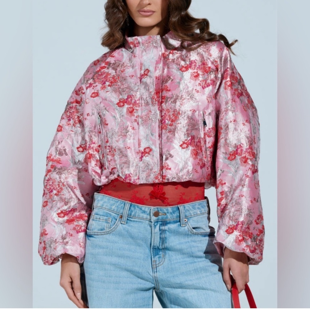 AKIRA Floral Satin Brocade Bomber Jacket in Pink and Red